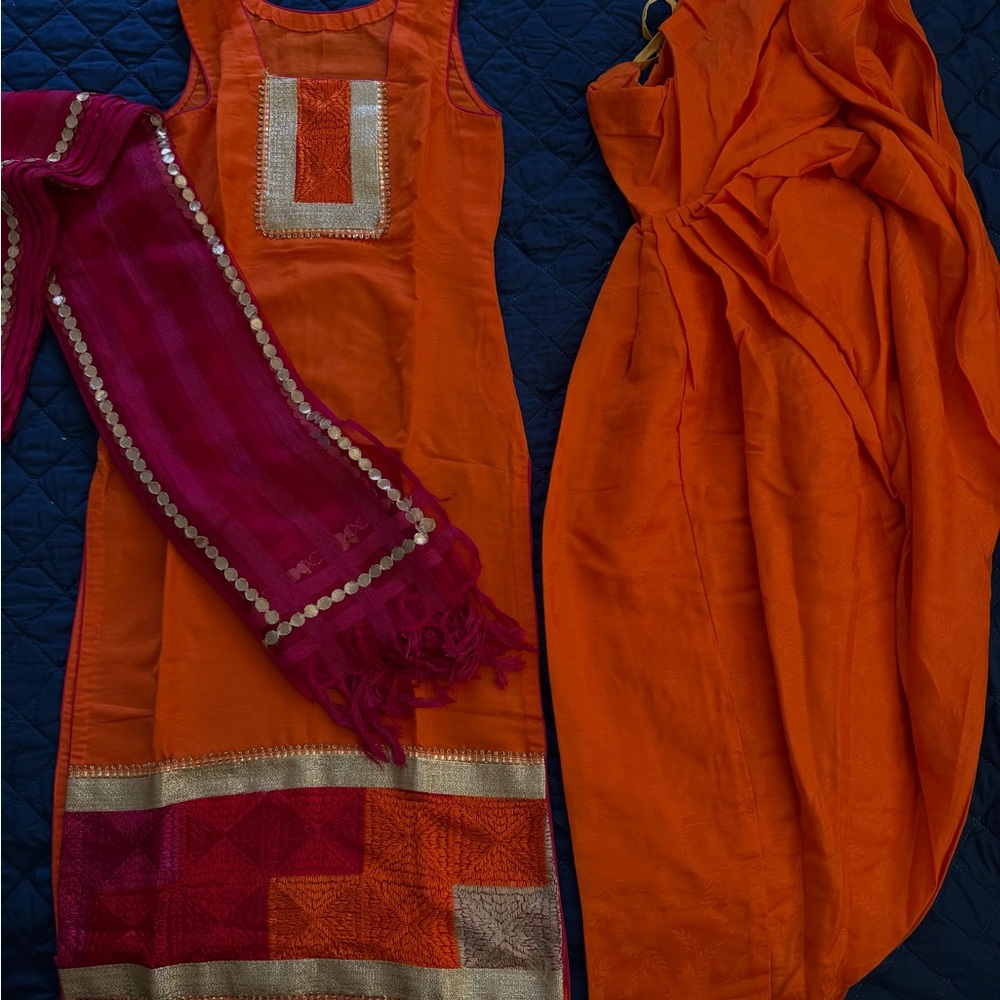 Vibrant Orange Salwar Kameez Set with Magenta Dupatta